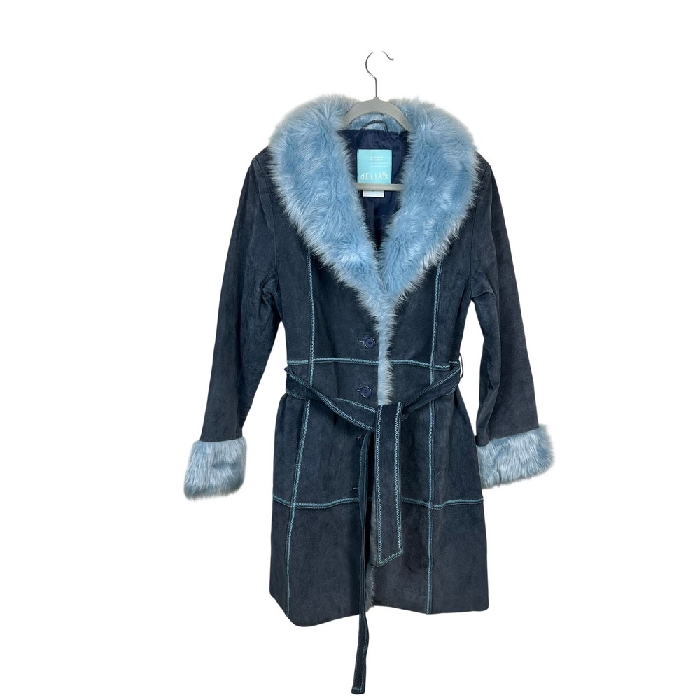 dELiA*s Penny Lane Coat Women M Navy Blue Very Good Vintage Suede Faux Fur Trim